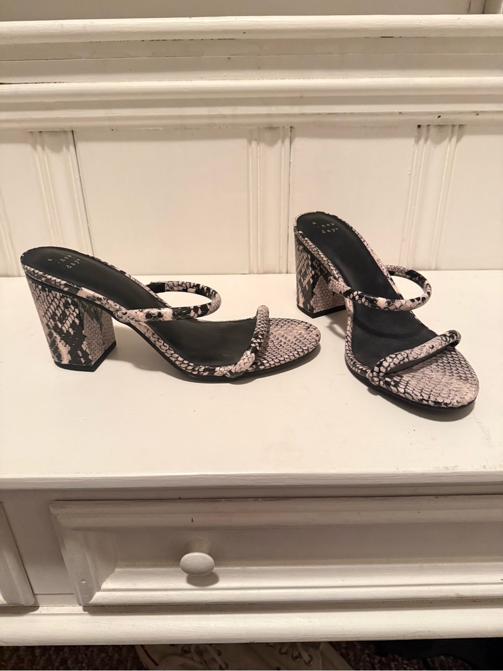 a new day Snake-Print Block Heel Slide Sandals in Neutral Black & Cream